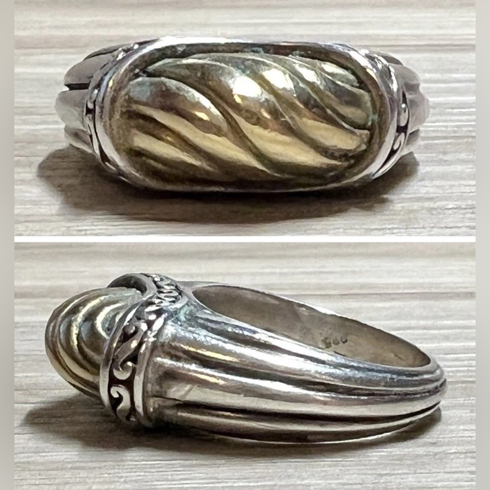 Vintage Brighton Sterling Silver & Gold Tall Tapered Band Ring, Size 5.75, 10.6g